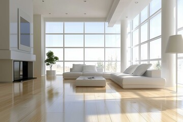 Fototapeta premium Spacious Modern Living Room with Large Windows