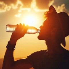 Silhouette of Man Drinking Water in Scorching Summer Heat