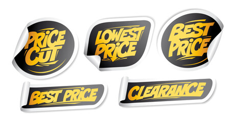 Price cut, lowest price, best price, clearance stickers vector set with golden letters and black backdrop