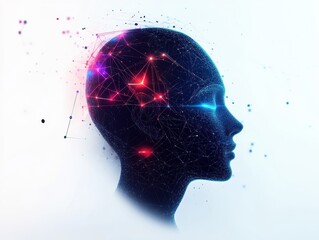 Futuristic Digital Human Head with Neural Network Connections and Glowing Nodes on a Light Background