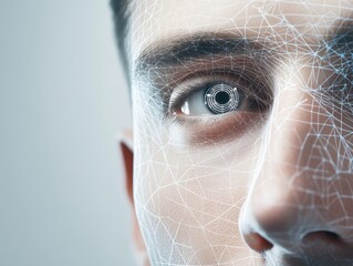 Close-up of a Human Eye with Futuristic Digital Interface and Geometric Patterns for Technology and Innovation Concepts