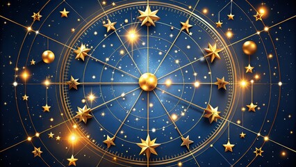 A beautifully designed astrological chart with golden stars and constellations on a dark blue background, highlighting the mystical and magical essence of celestial bodies.
