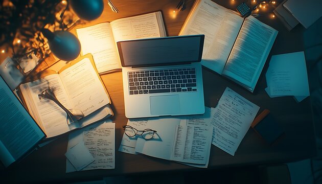 Cinematic Top View of Business Desk with Laptop, Glasses, Open Books, and Scattered Notes, Cool Lighting