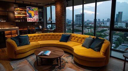 Modern Minimalism: Vibrant Yellow Curved Sofa with Blue Pillows in Loft-Style Living Room