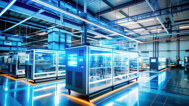 Illuminated interior of the factory of the future with equipment