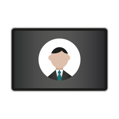 Profile icon on screen. Minimalist character illustration. Dark grey background. Simple design style.