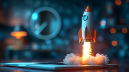 Rocket launch from laptop on office table to fly up
