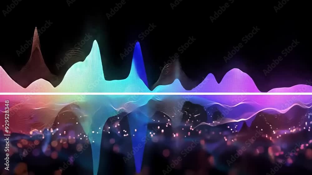 Aufkleber Colorful soundwaves fluctuate and reflect, creating a dynamic visual representation of audio frequencies in a dark environment.