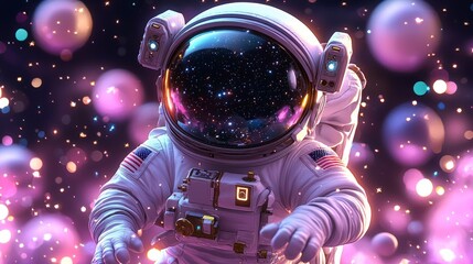 Astronaut Reaching Out in Space with Stars and Lights