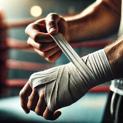 Close-up of hands wrapping white boxing hand wraps inside a boxing ring
