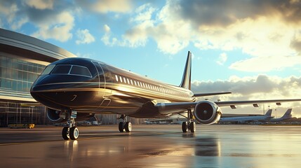 Fototapeta premium A sleek private jet parked at an airport during sunset, showcasing luxury travel.