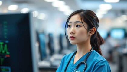 Fototapeta premium an asian nurse watching at screen with blurred background