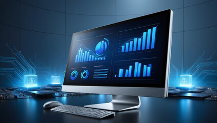 A computer monitor showing graphs for distribution analysis and consumption monitoring in a high-tech digital environment with information security, financial concept, Generative AI