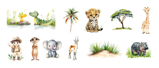Fototapeta premium Set of cute watercolor animals on transparent background.