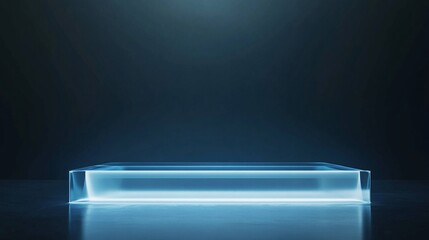 A futuristic product podium with a transparent acrylic surface that gives the illusion of floating. The podium is illuminated from below, with a soft blue glow that highlights the edges and creates a