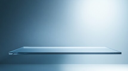 A minimalist product podium with a clear glass surface and a floating appearance. The podium is supported by discreet metal supports that are barely visible, giving the illusion that the product is