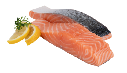 Fresh salmon meat, alternating with skin and slices cut out isolated transparent background