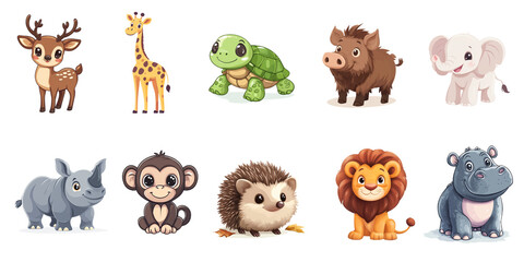 Set of cute animals on transparent background.