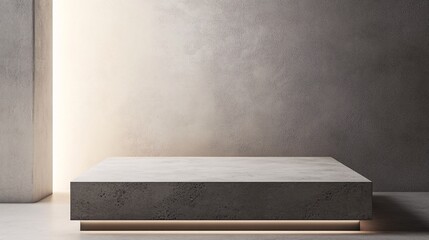 A contemporary product podium with a polished concrete finish and a raw, industrial look. The podium features a clean, smooth surface with subtle texture and natural variations in color. It is set