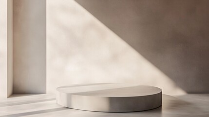 A stylish, contemporary product podium with a brushed metal finish and a sleek, industrial design. The podium features clean lines and a minimalistic base, with a surface that has a subtle, brushed