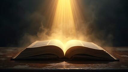 An open holy book, symbolizing spiritual wisdom and religious devotion. The pages are elegantly displayed, inviting contemplation and reverence. Perfect for themes of faith and guidance.
