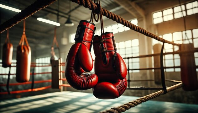 Red boxing gloves hanging on the ring ropes in an empty boxing gym - Powered by Adobe