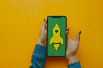 A smartphone displaying a rocket icon on a green background, held against a yellow surface.