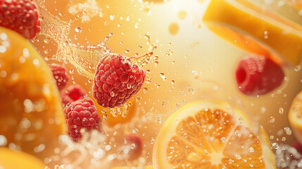 Slice of lemon and cherry with water splash on yellow background