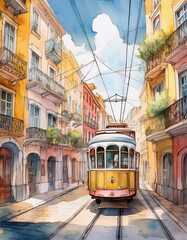 Fototapeta premium Vibrant street scene with a vintage tram under a clear sky