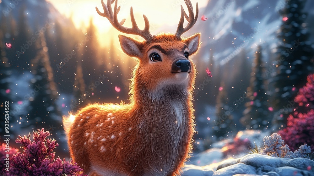 Wall mural Adorable Deer in Winter Wonderland