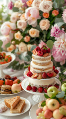 Obraz premium A luxurious and elegant wedding afternoon tea spread, featuring an array of delicate pastries on stands, surrounded by fresh fruits and flowers in soft hues.
