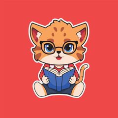 a cute cat character vector illustration mascot logo reading a book