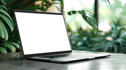 Fototapeta premium Laptop with Blank Screen on Table with Green Plants. Laptop Mockup with Greenery Background
