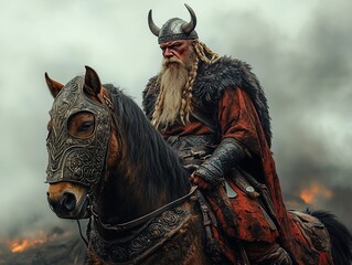 Viking warrior with horned helmet and fur cloak, standing beside a white horse under stormy skies
