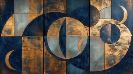 Craft a trio of abstract painting panels featuring geometric shapes in blue and gold. Each panel should offer a distinct yet complementary design, highlighting the interplay of colors and forms