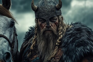 Viking warrior with horned helmet and fur cloak, standing beside a white horse under stormy skies