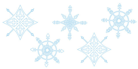 Hand drawn elegant snowflakes icons set in blue. Vector winter illustration design