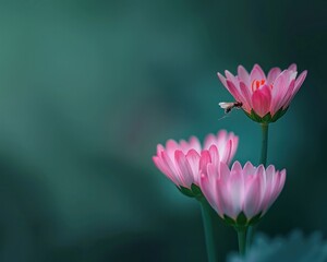 Obraz premium Beautiful Pink Lotus Flower with a Busy Bee on Green Background Symbol of Beauty and Nature