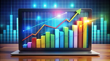 A colorful infographic illustrates increasing profit margins and rising graphs on a virtual screen, representing a successful and thriving business during a sale period.