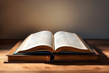 A book is open on a wooden table