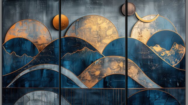 Generate a high-resolution abstract wall art triptych with geometric shapes in blue and gold. Focus on bold, modern designs that create a cohesive visual impact across the three panels