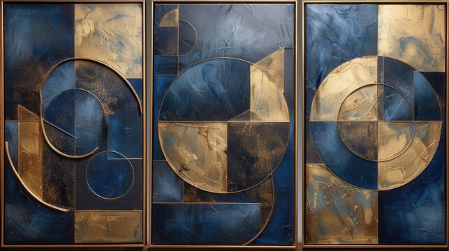 Create a set of three abstract painting panels with geometric designs in blue and gold. Each panel should present a different geometric shape while maintaining a coherent overall style