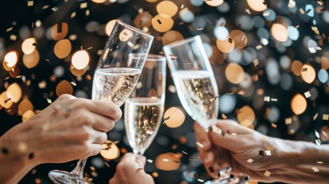 A group of joyful friends celebrating and toasting with champagne
