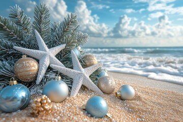 A festive arrangement of Christmas ornaments, including frosted pine branches, delicate blue and...