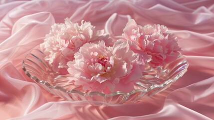 A glass bowl is filled with pink flowers on a pink cloth