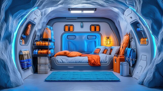 Interior of an isolated outpost in an arctic wilderness, rugged design, essential supplies neatly arranged, cold blue tones, Survivalist, High contrast