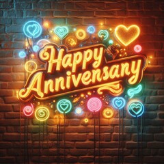 Vibrant Neon Happy Anniversary Sign Illuminating Brick Wall