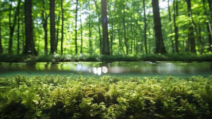 Lush green plants cover the forest floor in a dense growth pattern alongside a clear river