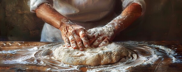 Fototapeta premium Hands Kneading Dough Covered in Flour on Wooden Surface