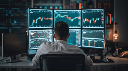 A man is seated at a desk, analyzing data on multiple monitors in a stock trading setting